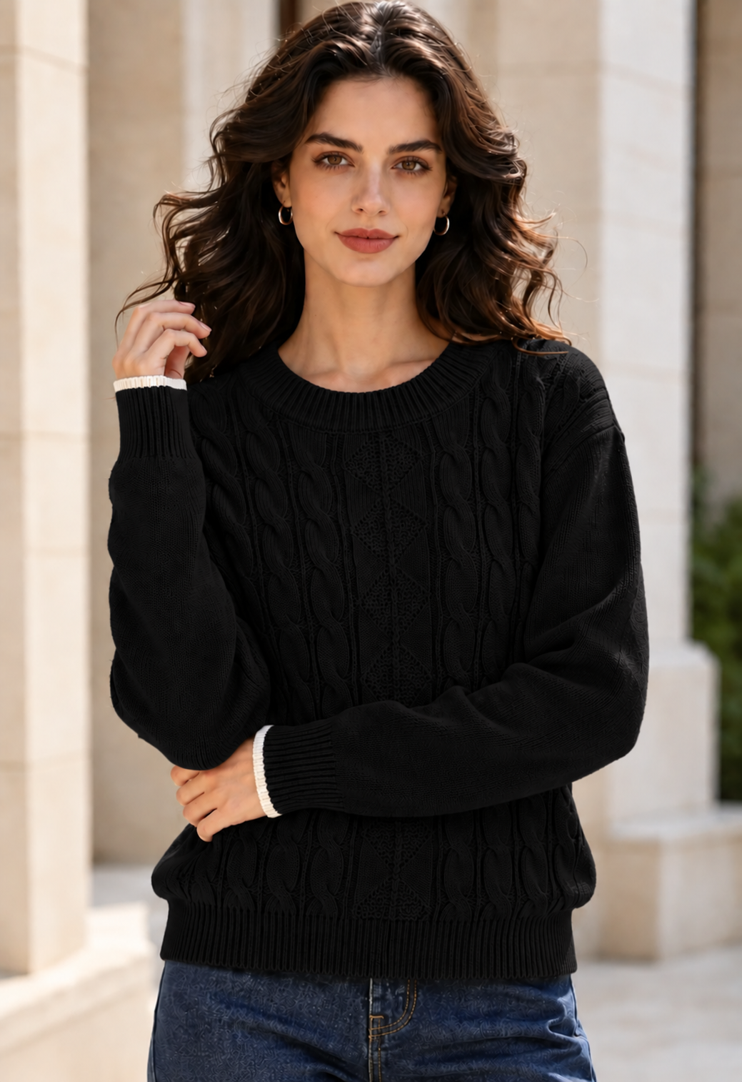 Jersey trenzado con ribete contrastado negro