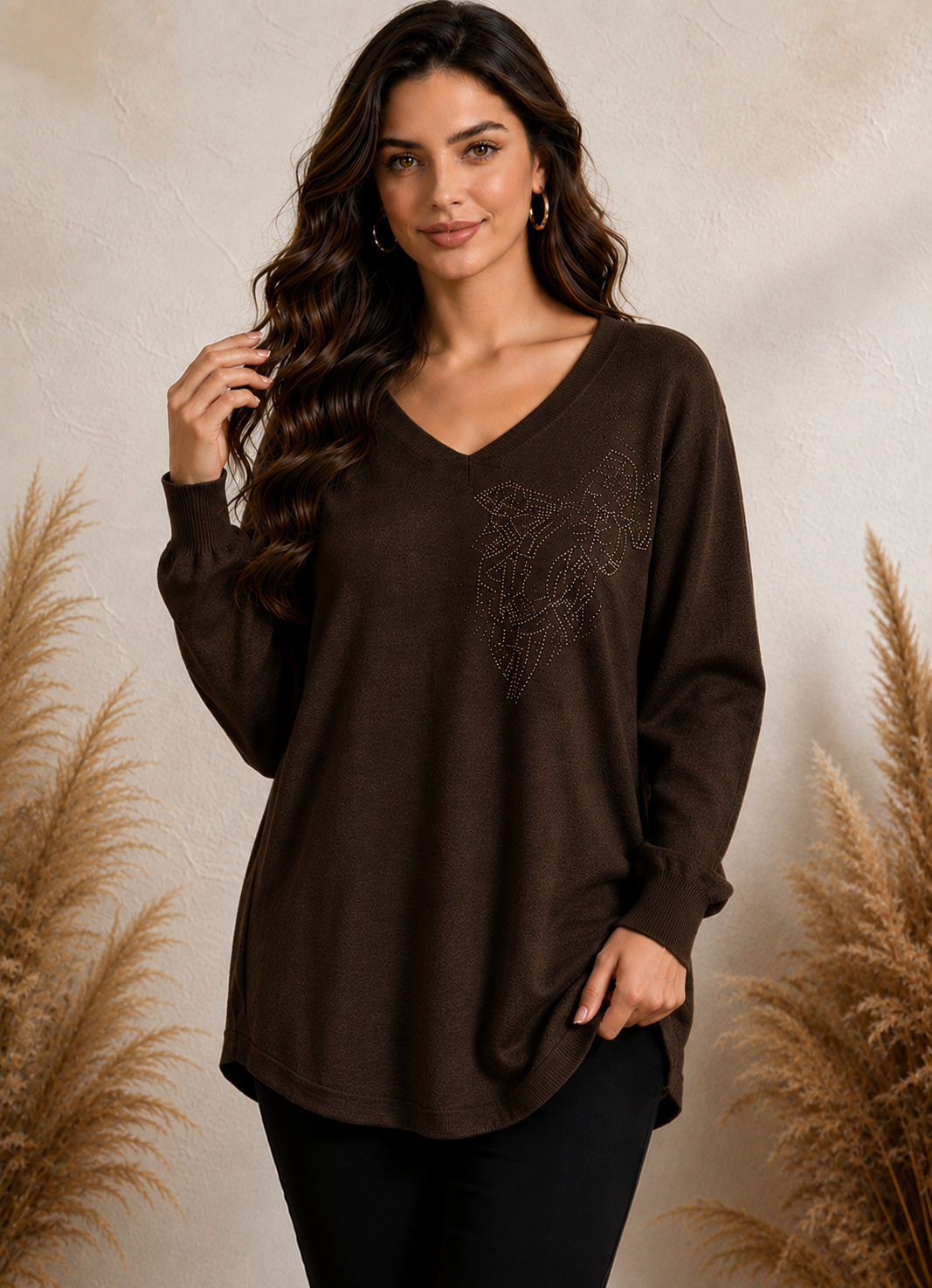 Jersey amplio cuello pico con strass - marrón oscuro