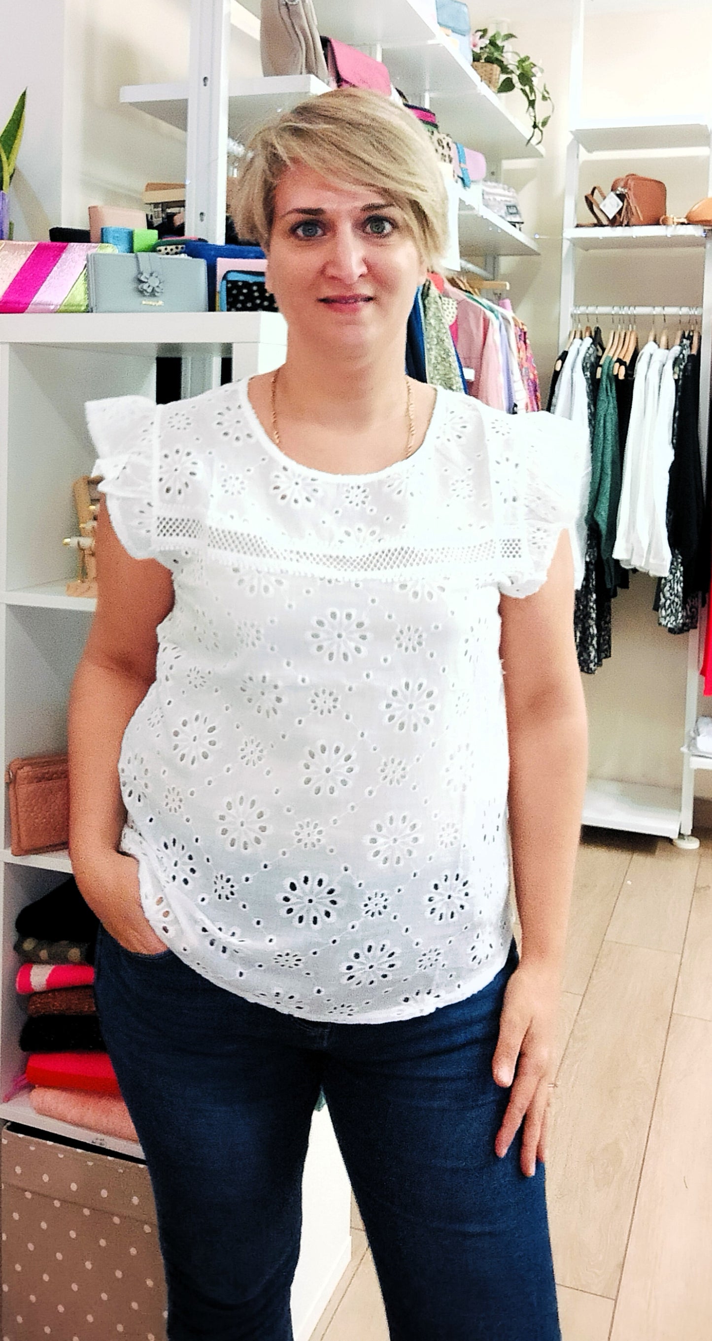 Blusa calada manga volantes - blanco