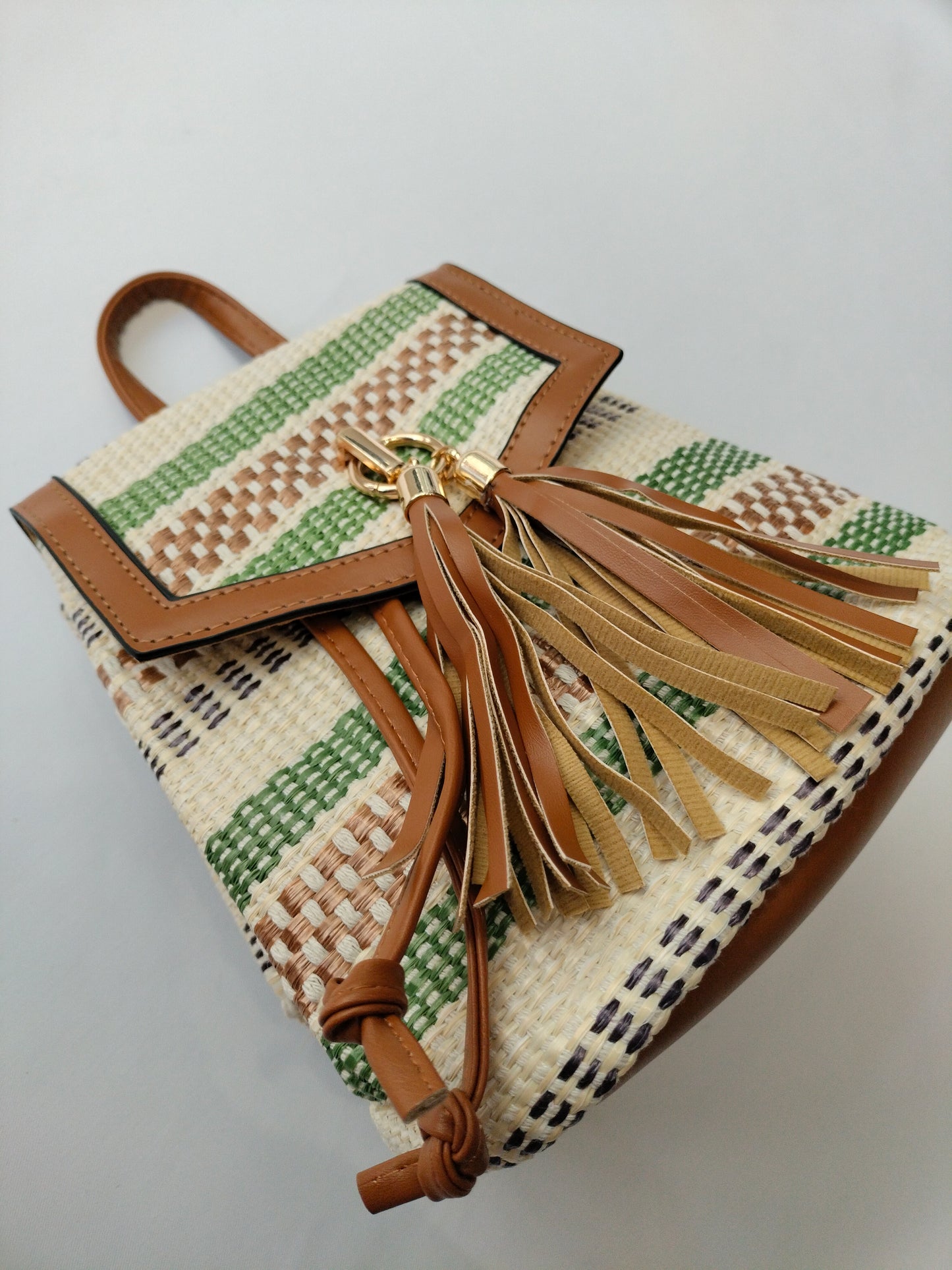Mochila rafia - verde y rosa