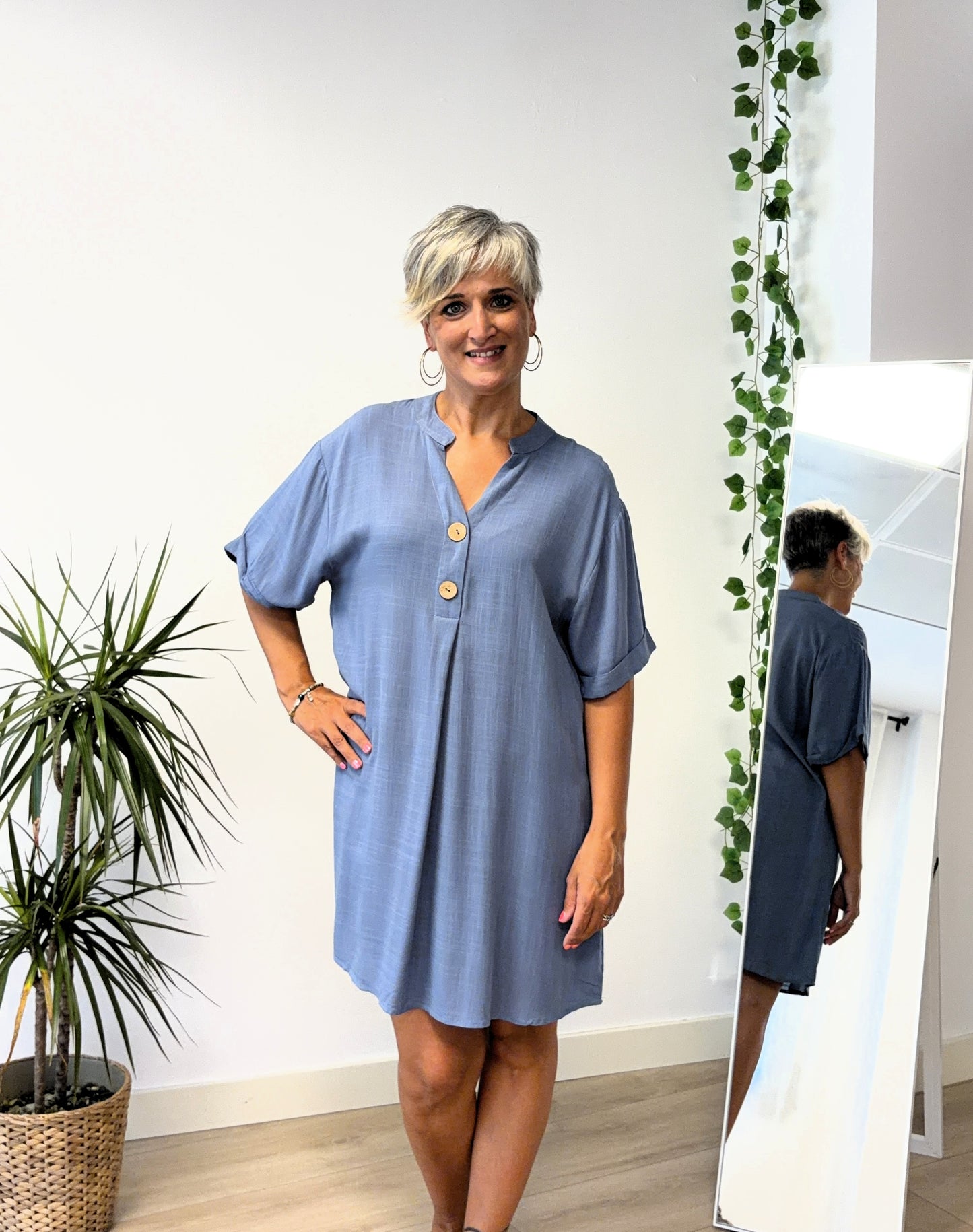 Vestido amplio de lino - azul