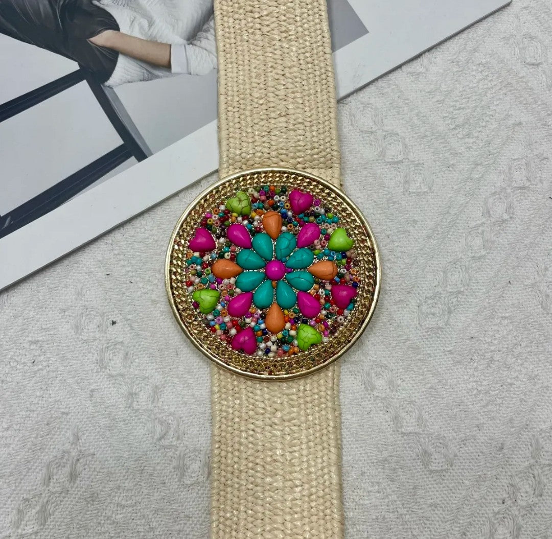 Cinturón rafia - rosa y beige