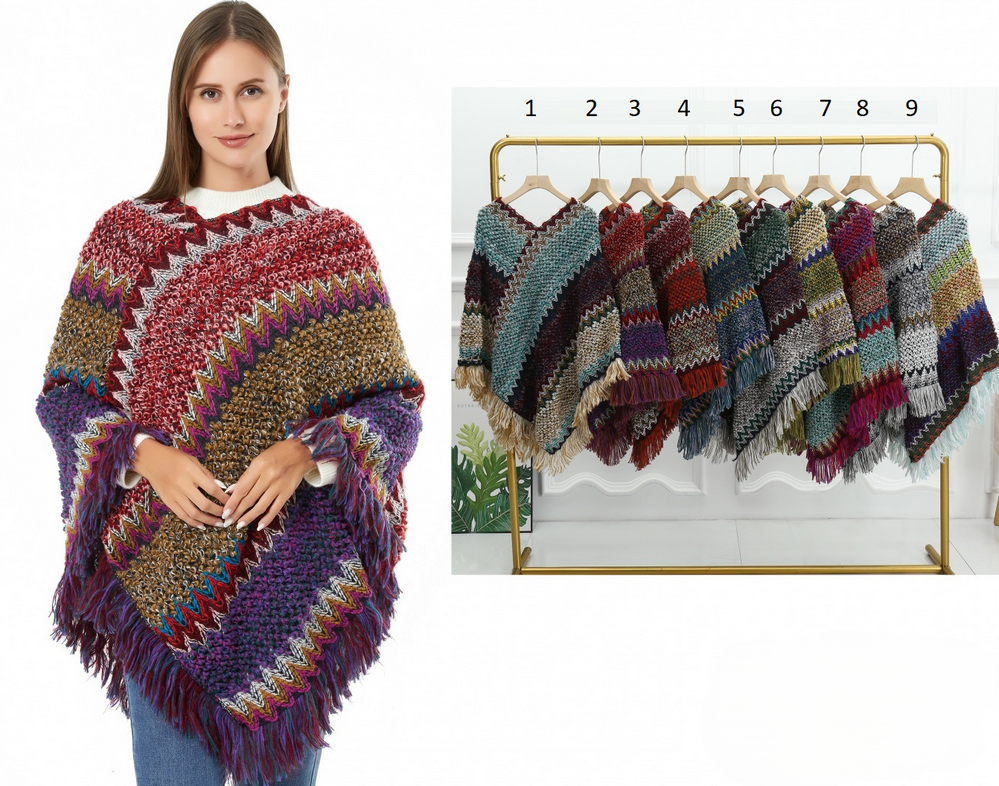 Poncho Cerrado Flecos Estampado Zig Zag