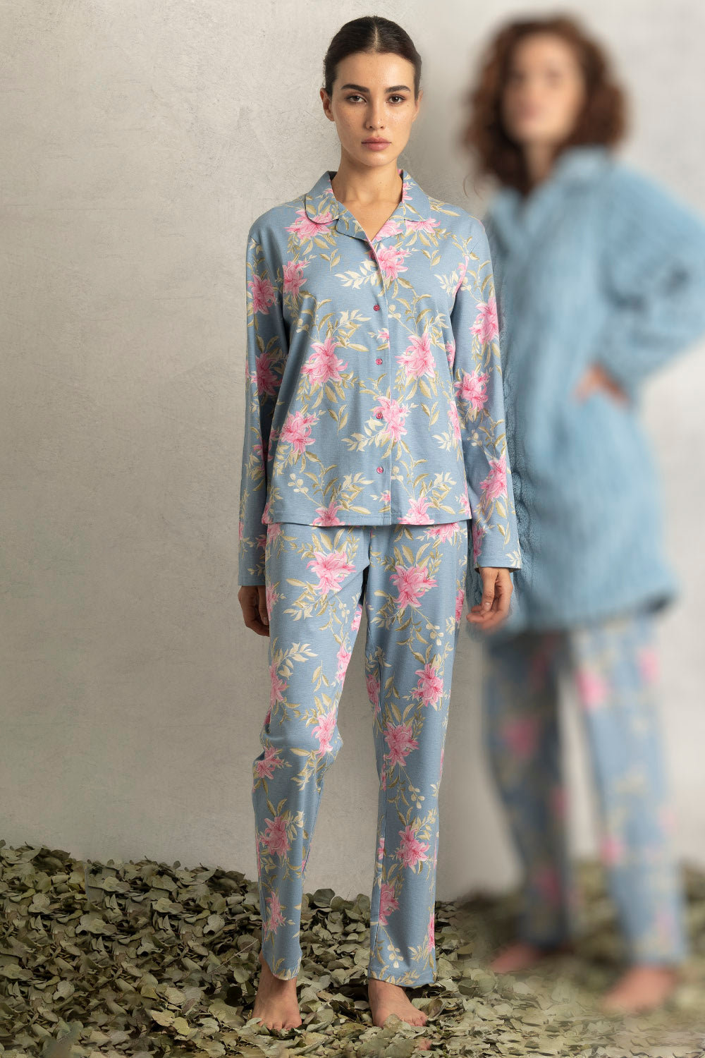 Pijama abierto pink & blue flowers - azul