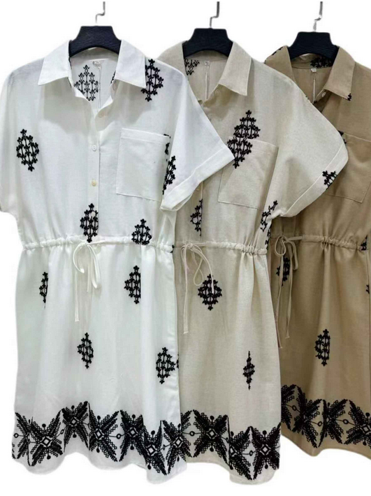 Vestido camisero bordado efecto lino