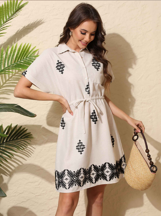 Vestido camisero bordado efecto lino