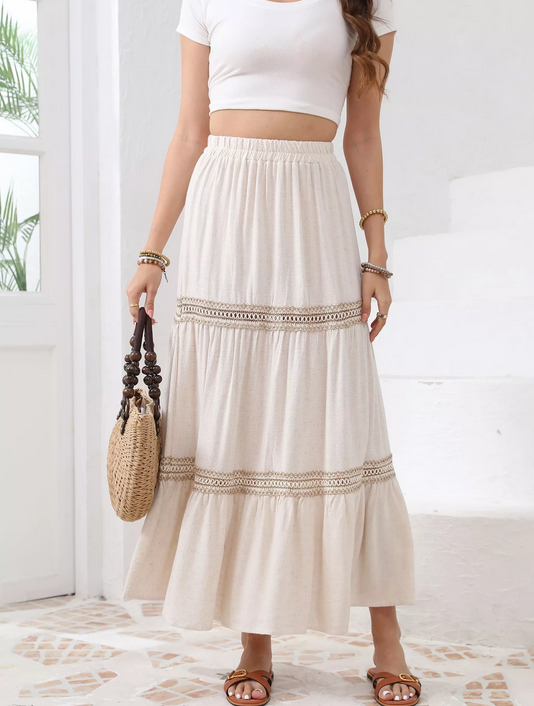 Falda efecto lino crochet - beige y blanco