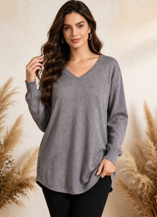 Jersey amplio cuello pico con strass - gris