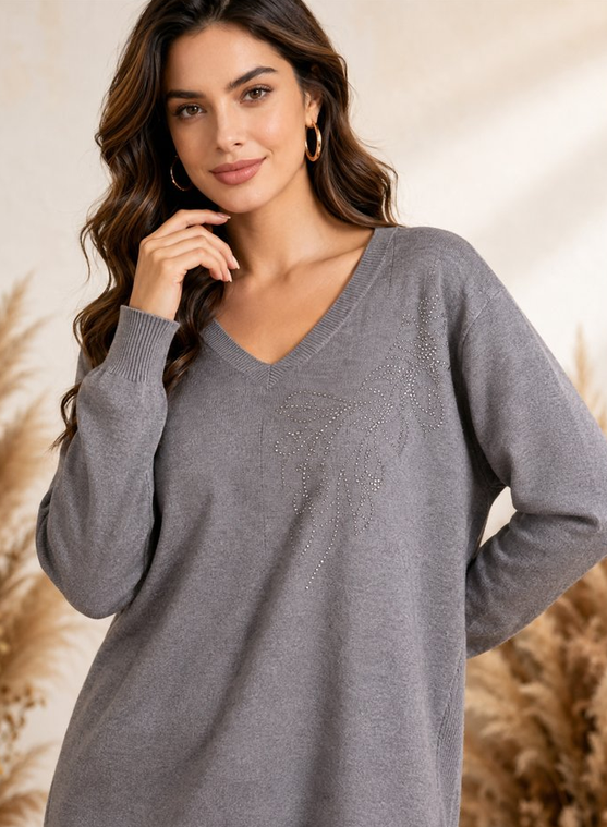 Jersey amplio cuello pico con strass - gris