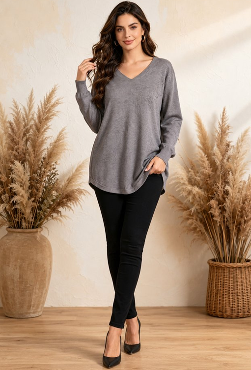 Jersey amplio cuello pico con strass - gris