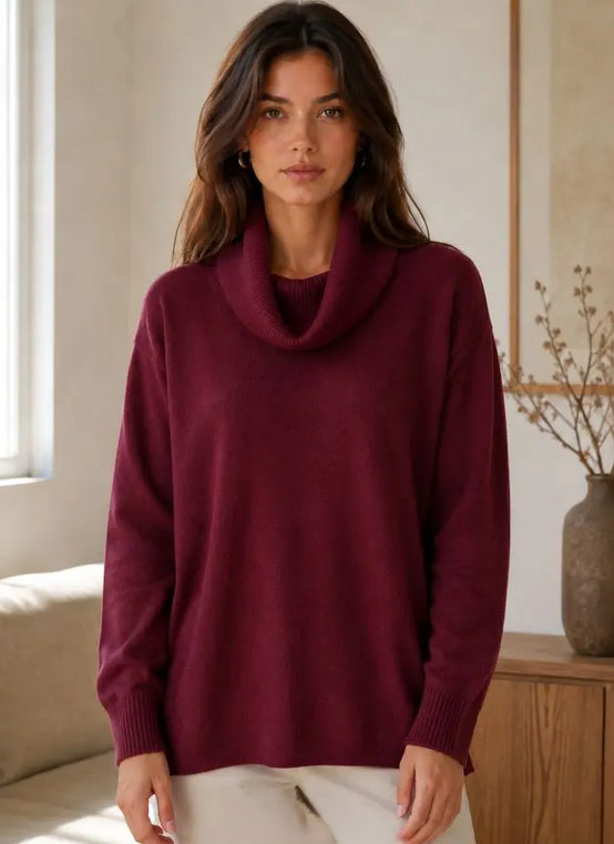 Jersey curvy cuello vuelto granate