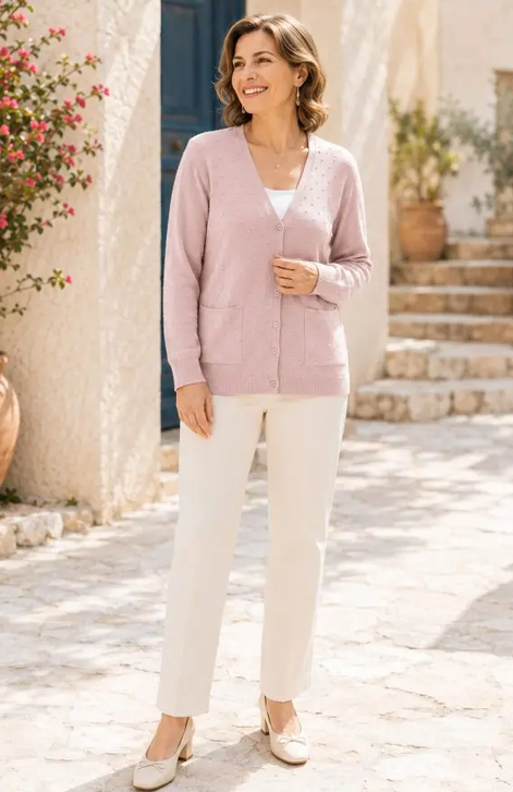 Chaqueta de punto relieve con bolsillo curvy rosa
