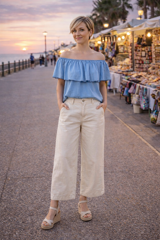 Blusa denim escote barco