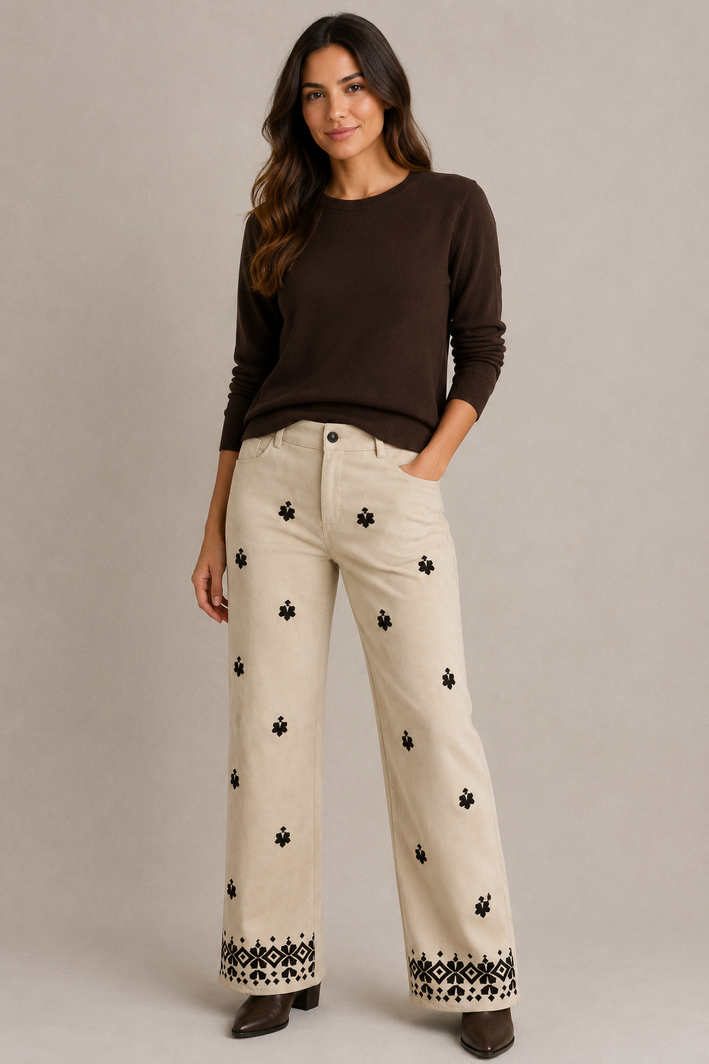 Pantalón bordado beige