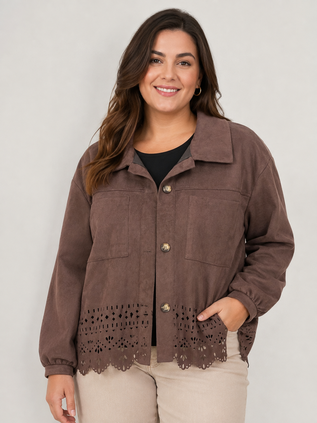 Chaqueta calada antelina curvy marrón