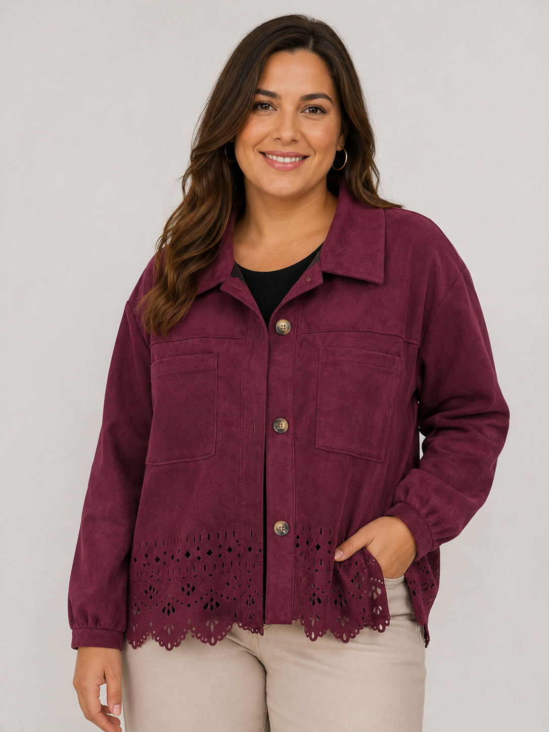 Chaqueta calada antelina curvy granate