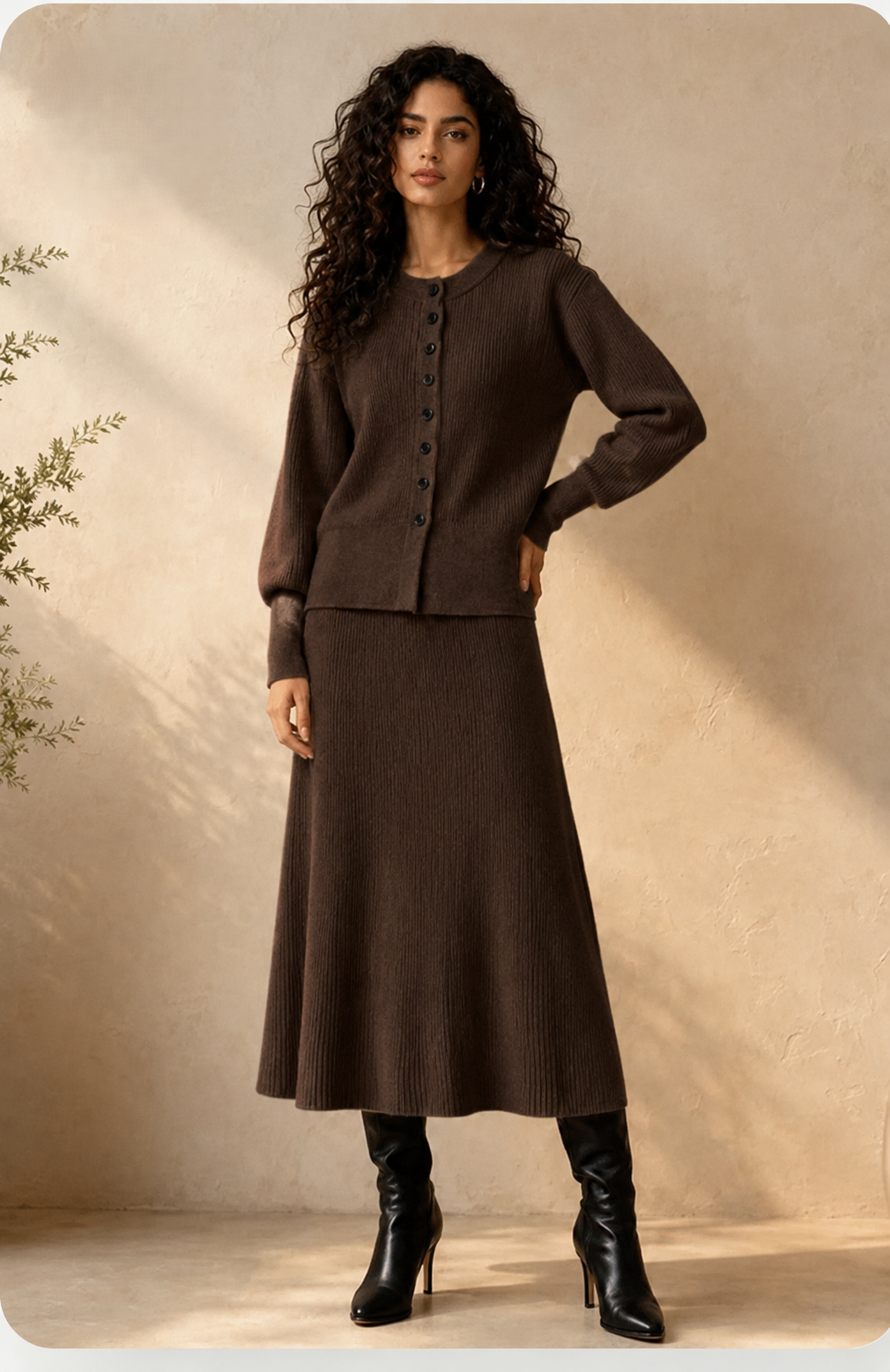 Falda midi canalé - marrón oscuro