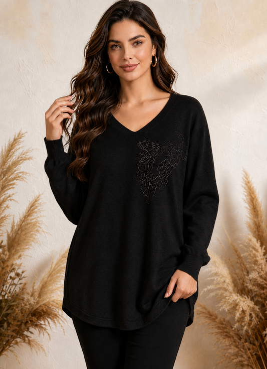 Jersey amplio cuello pico con strass - negro