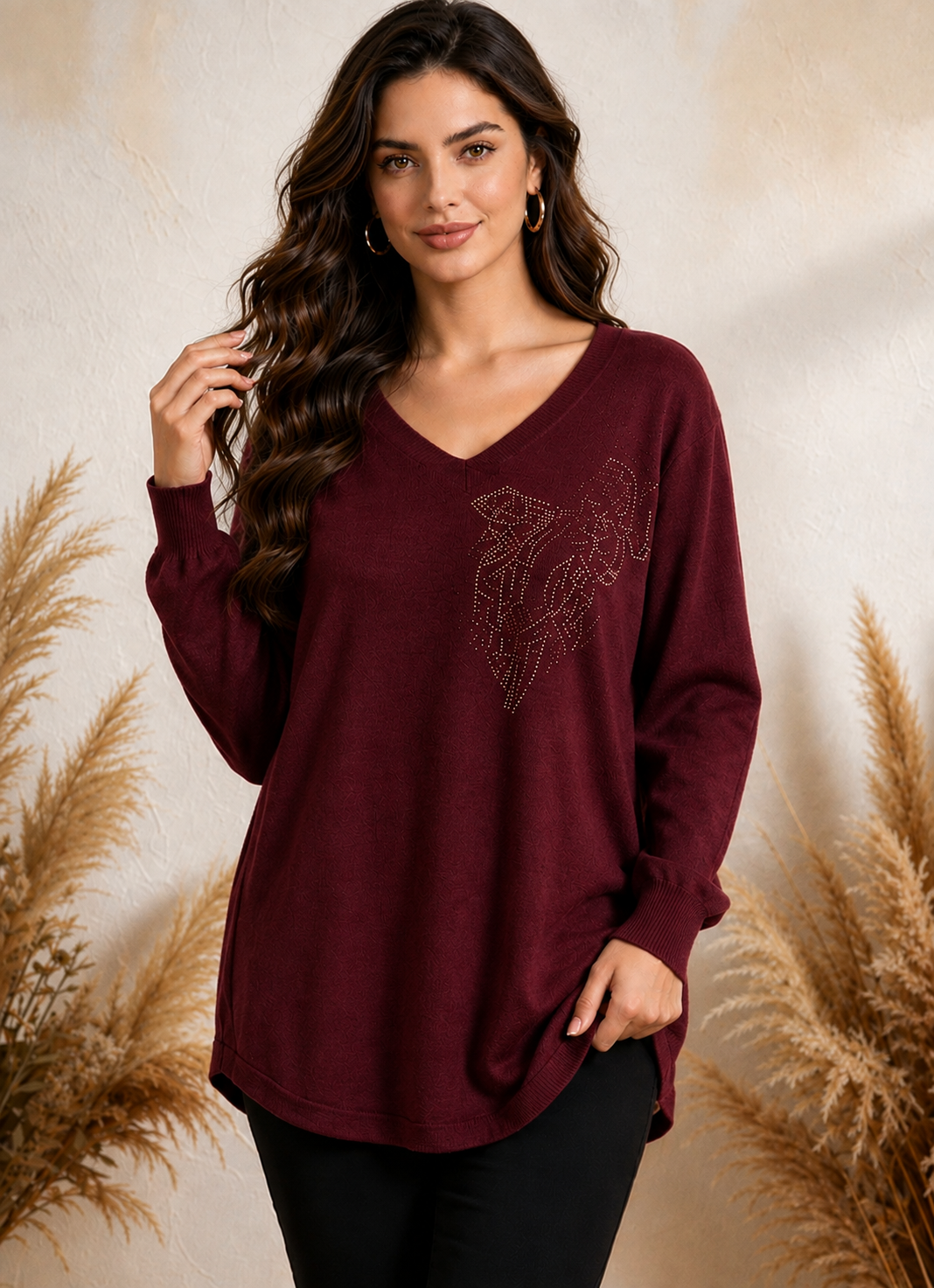 Jersey amplio cuello pico con strass - granate