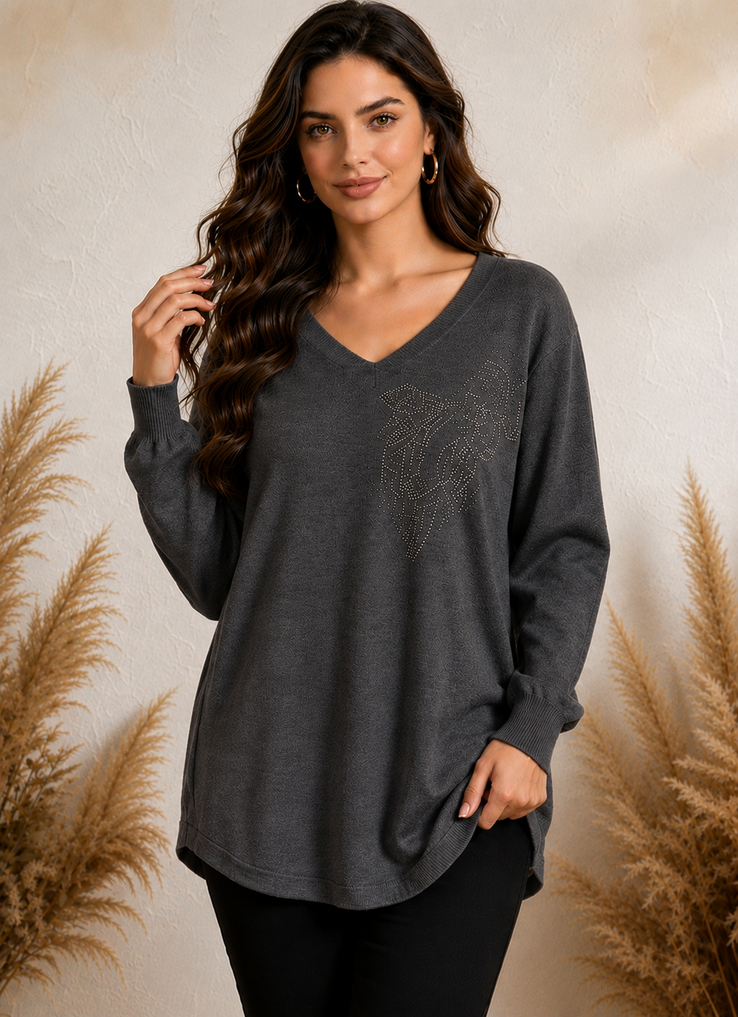 Jersey amplio cuello pico con strass - gris oscuro