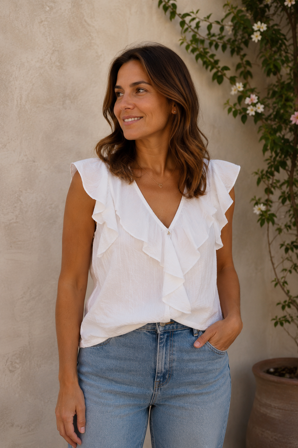 Blusa lisa volantes - blanco
