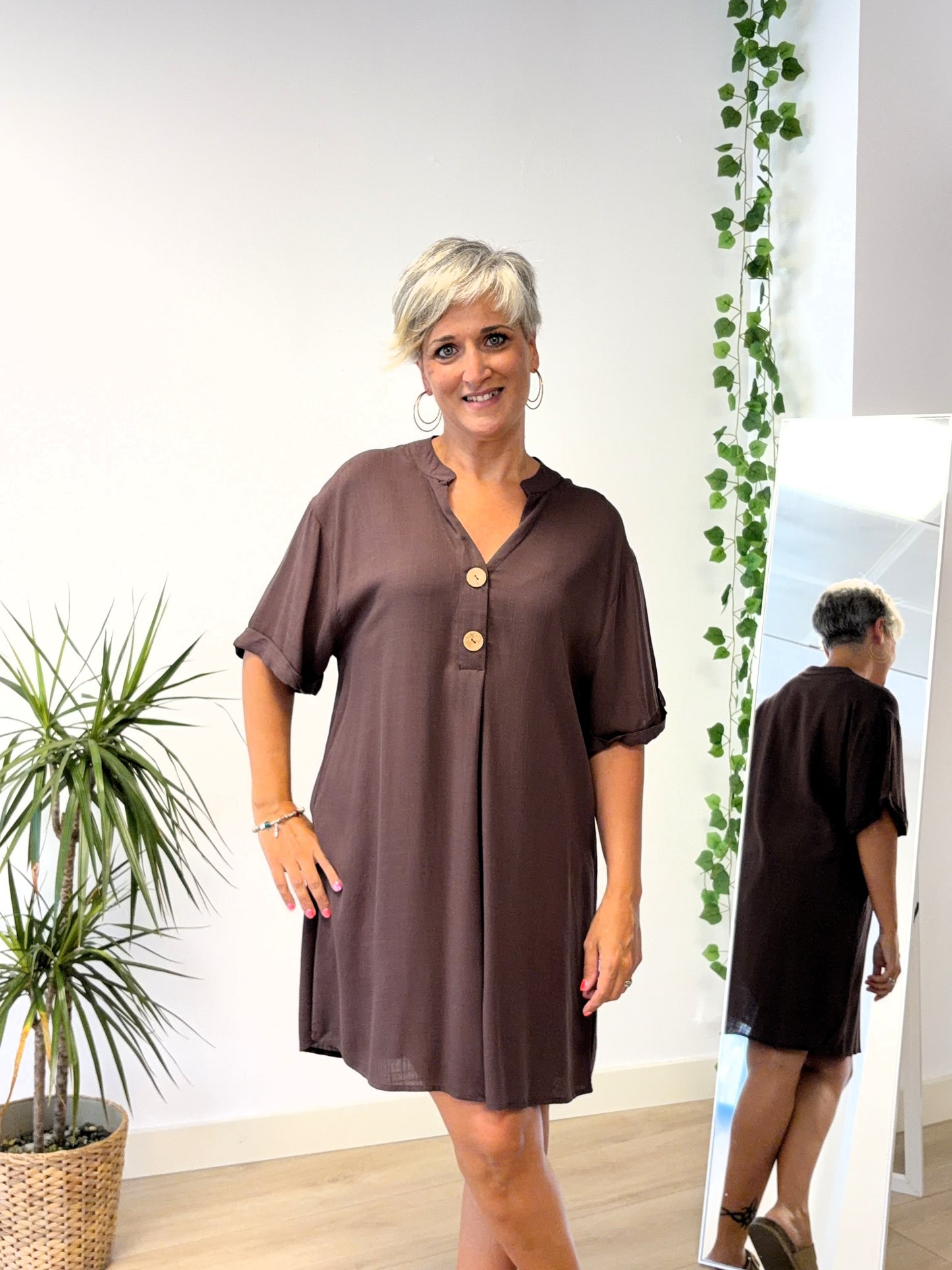 Vestido amplio de lino - marrón