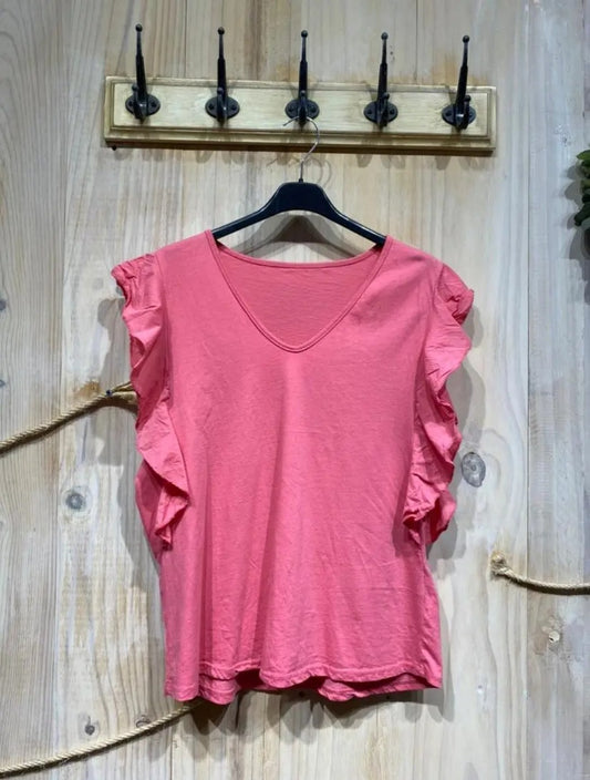 Camiseta lisa volantes Roques Planes - rosa