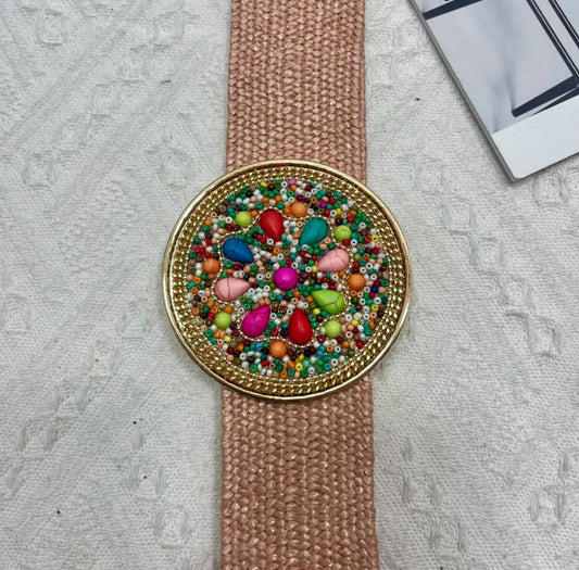 Cinturón rafia - rosa y beige